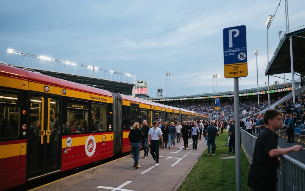 球场周边人流与公共交通指引的视觉占位图