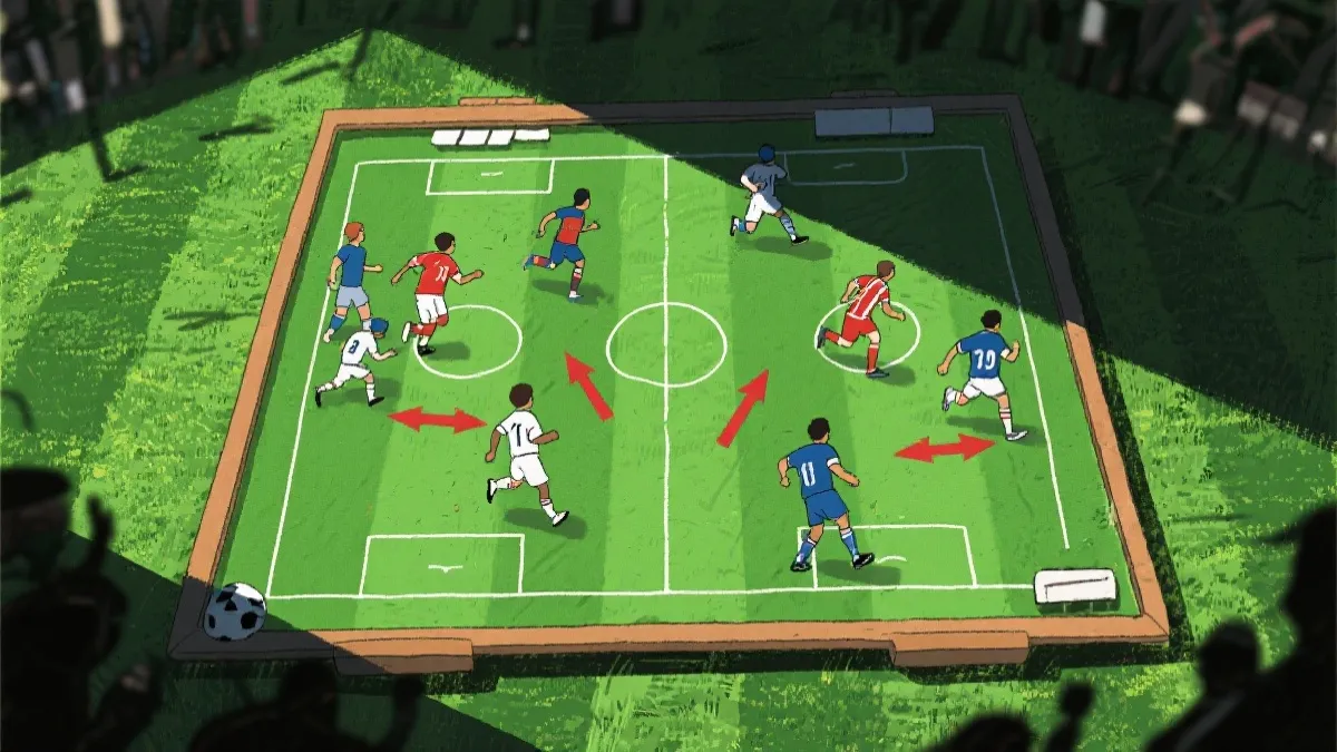 世界杯决赛战术板风格插画，墨西哥与强队对阵箭头与区域标记